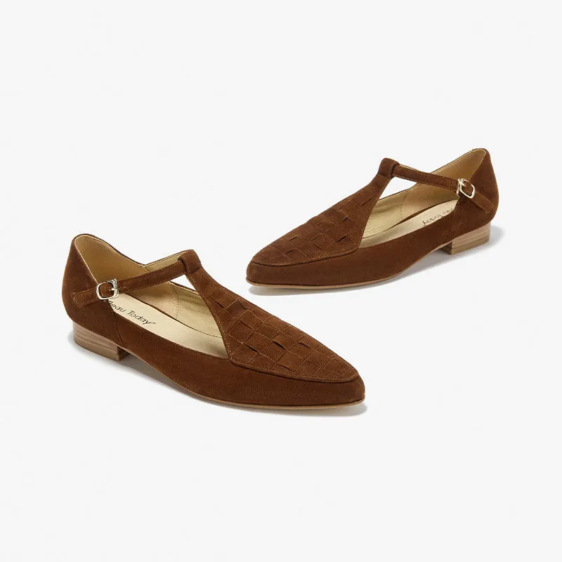 BeauToday Women's Handmade Leather Woven Pointed Toe Mary Janes Flats with T-strap
