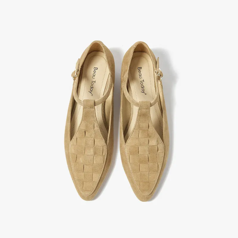 BeauToday Women's Handmade Leather Woven Pointed Toe Mary Janes Flats with T-strap