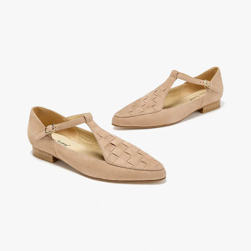 BeauToday Women's Handmade Leather Woven Pointed Toe Mary Janes Flats with T-strap