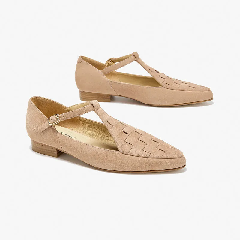 BeauToday Women's Handmade Leather Woven Pointed Toe Mary Janes Flats with T-strap