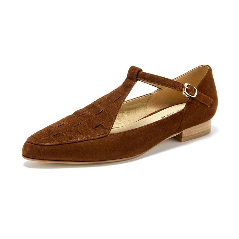 BeauToday Women's Handmade Leather Woven Pointed Toe Mary Janes Flats with T-strap