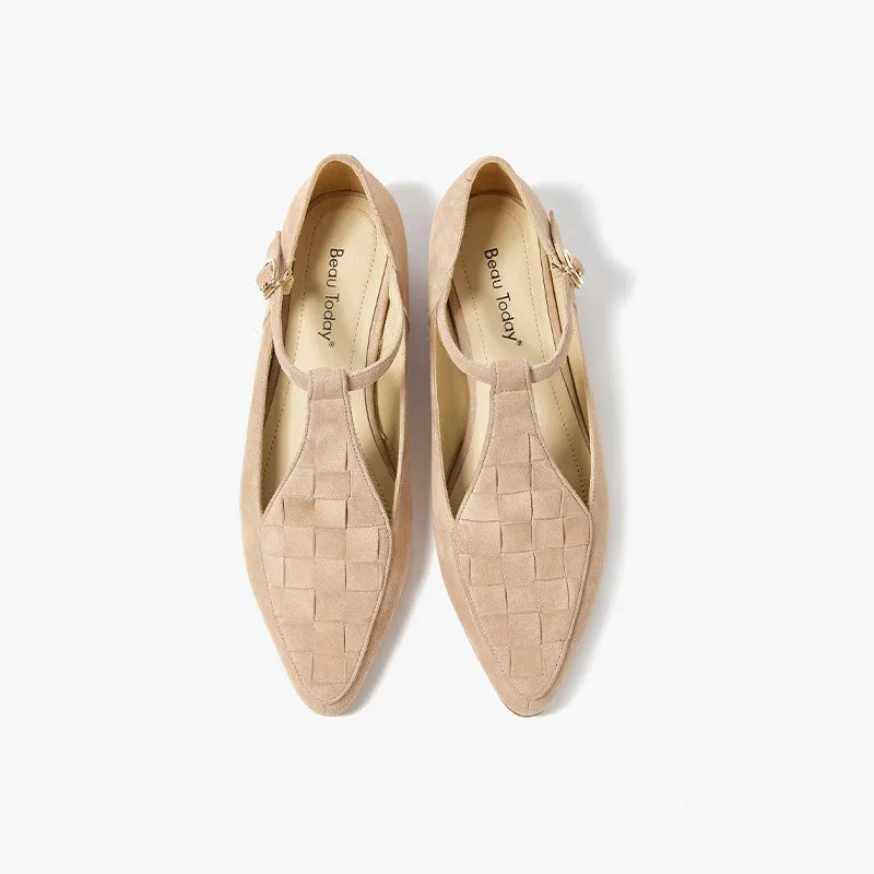 BeauToday Women's Handmade Leather Woven Pointed Toe Mary Janes Flats with T-strap