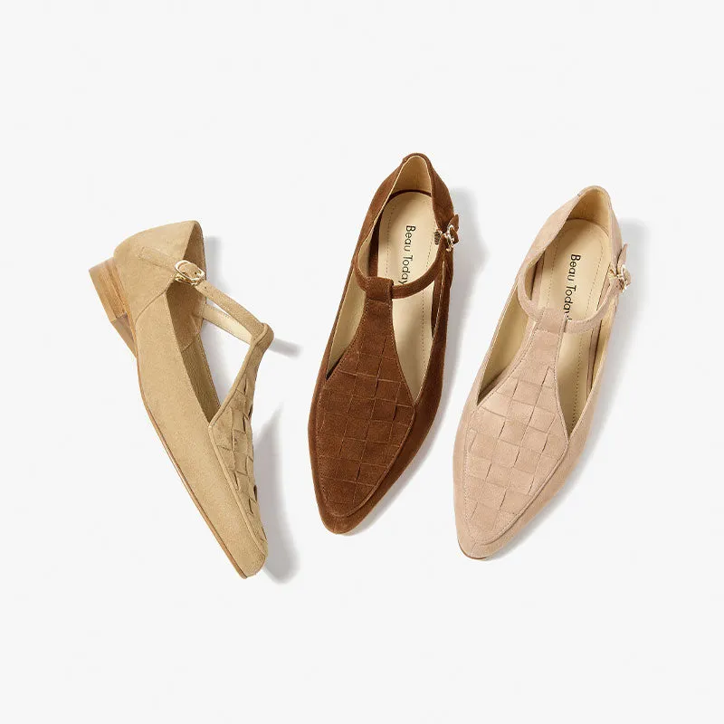 BeauToday Women's Handmade Leather Woven Pointed Toe Mary Janes Flats with T-strap