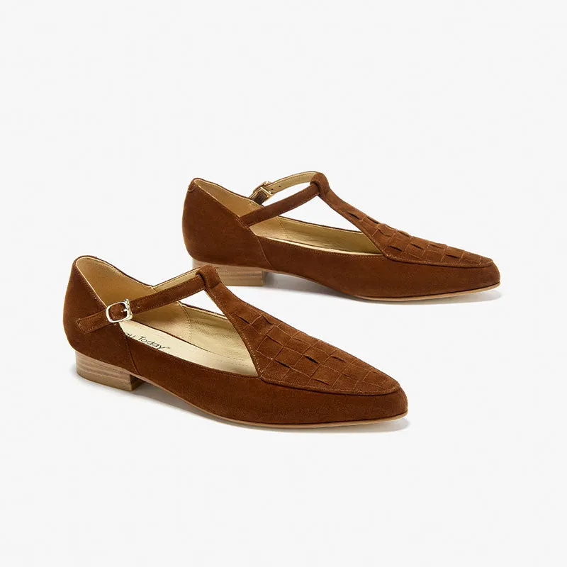 BeauToday Women's Handmade Leather Woven Pointed Toe Mary Janes Flats with T-strap