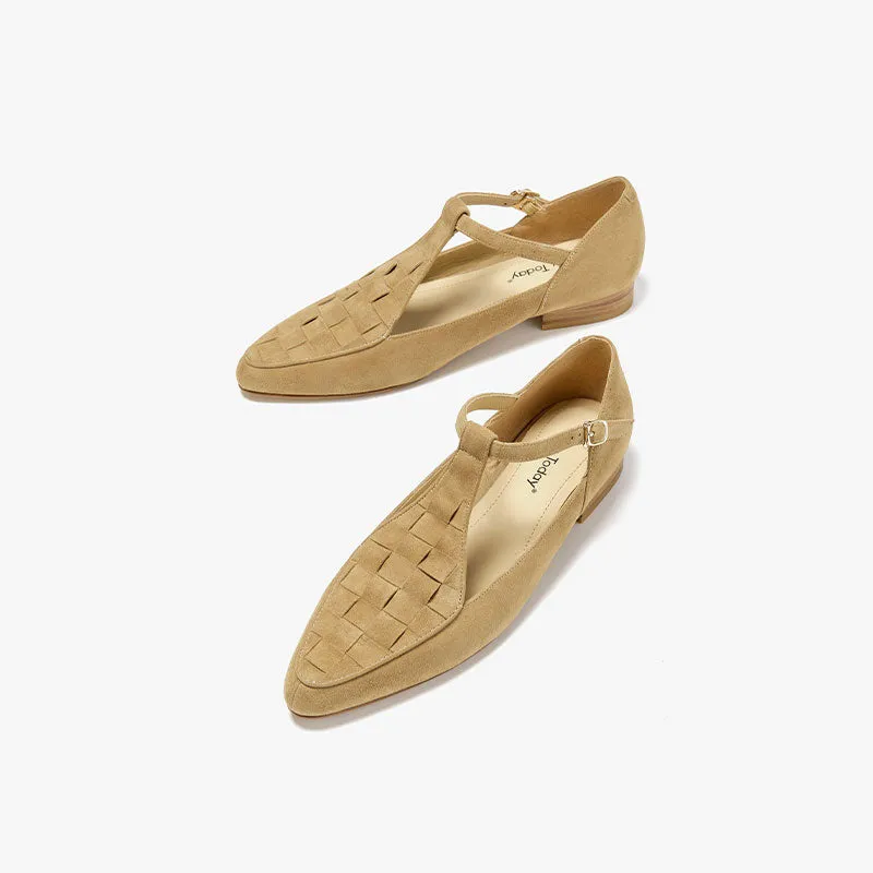 BeauToday Women's Handmade Leather Woven Pointed Toe Mary Janes Flats with T-strap