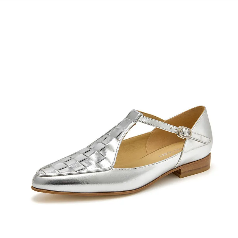 BeauToday Women's Handmade Leather Woven Pointed Toe Mary Janes Flats with T-strap