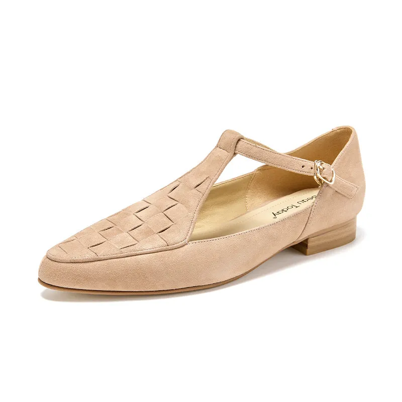 BeauToday Women's Handmade Leather Woven Pointed Toe Mary Janes Flats with T-strap