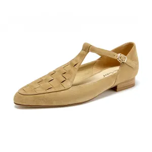BeauToday Women's Handmade Leather Woven Pointed Toe Mary Janes Flats with T-strap