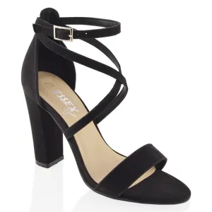 BRIELLA CROSS OVER FRONT STRAPPY BLOCK HIGH HEEL SANDALS IN BLACK FAUX SUEDE