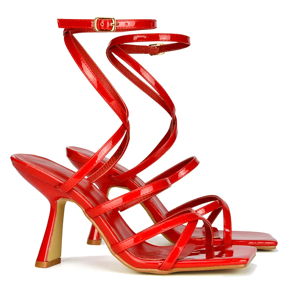 Donna Strappy Ankle Square Toe Party Thin Block High Heel Sandals in White Patent