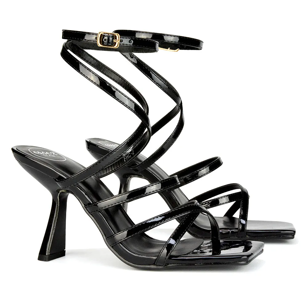 Donna Strappy Ankle Square Toe Party Thin Block High Heel Sandals in White Patent