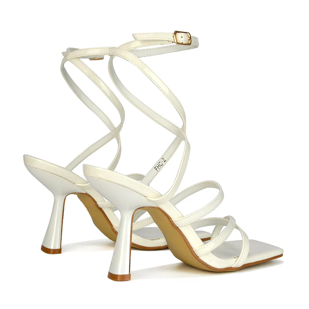 Donna Strappy Ankle Square Toe Party Thin Block High Heel Sandals in White Patent