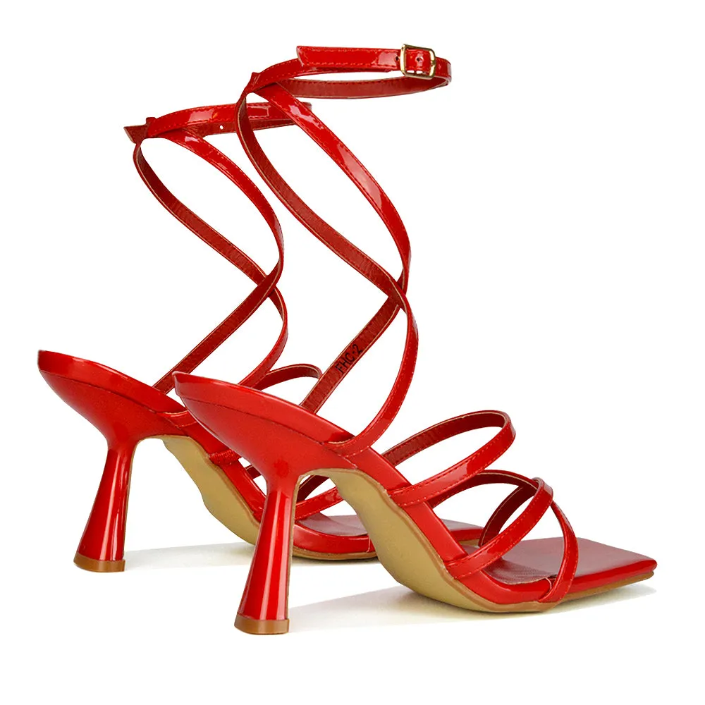 Donna Strappy Ankle Square Toe Party Thin Block High Heel Sandals in White Patent