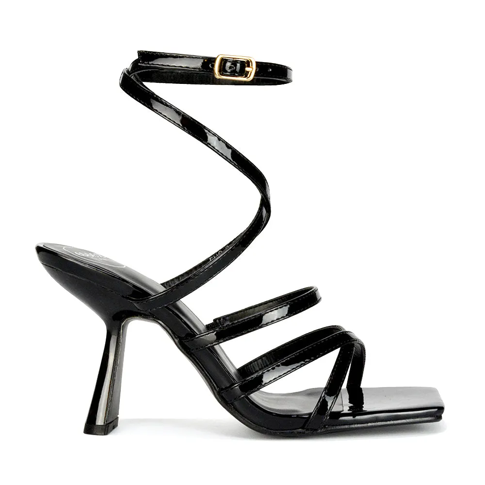 Donna Strappy Ankle Square Toe Party Thin Block High Heel Sandals in White Patent
