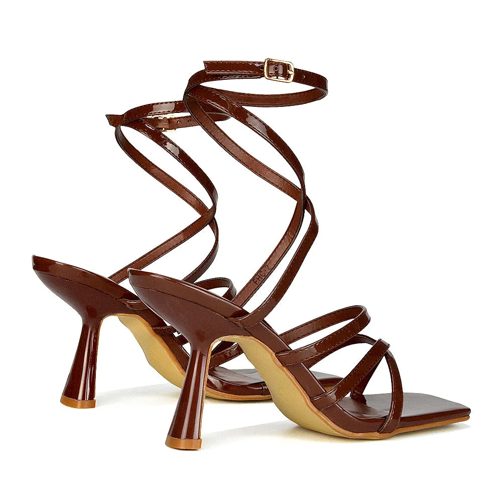 Donna Strappy Ankle Square Toe Party Thin Block High Heel Sandals in White Patent