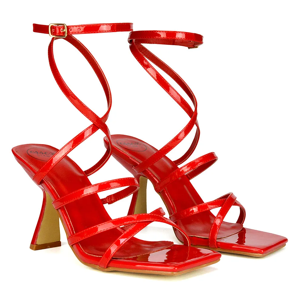 Donna Strappy Ankle Square Toe Party Thin Block High Heel Sandals in White Patent