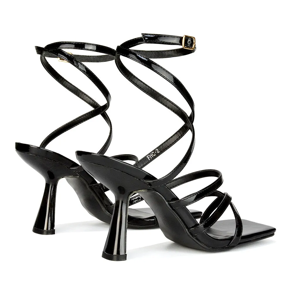 Donna Strappy Ankle Square Toe Party Thin Block High Heel Sandals in White Patent