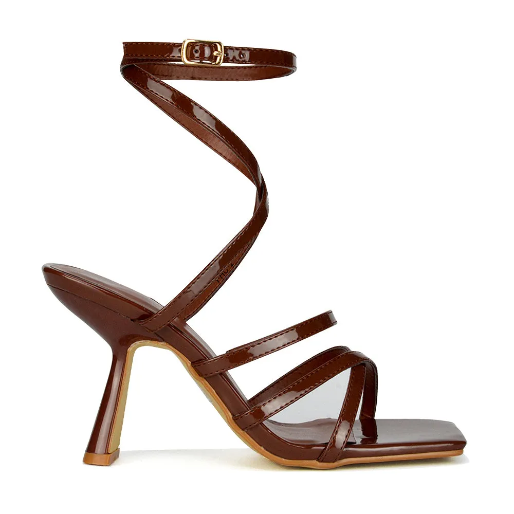 Donna Strappy Ankle Square Toe Party Thin Block High Heel Sandals in White Patent