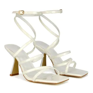 Donna Strappy Ankle Square Toe Party Thin Block High Heel Sandals in White Patent