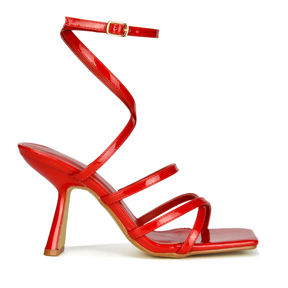 Donna Strappy Ankle Square Toe Party Thin Block High Heel Sandals in White Patent