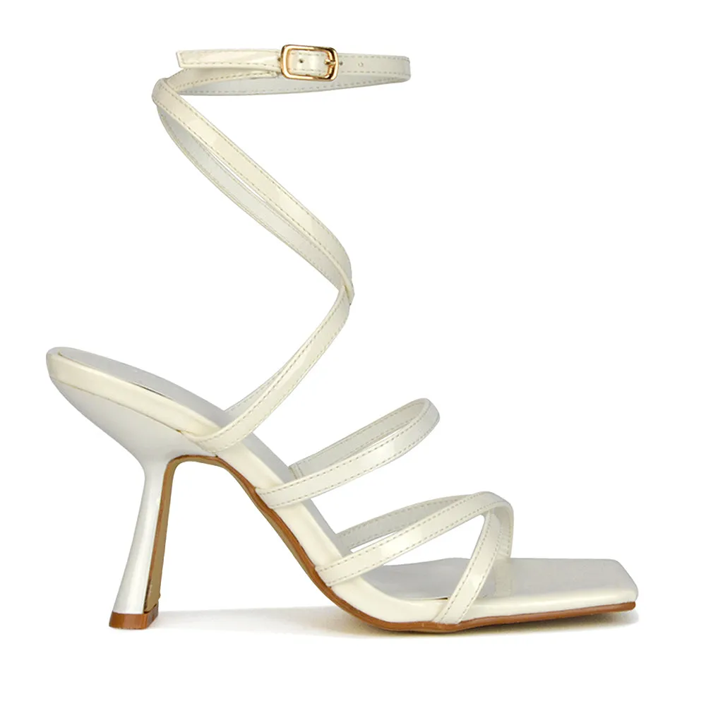 Donna Strappy Ankle Square Toe Party Thin Block High Heel Sandals in White Patent