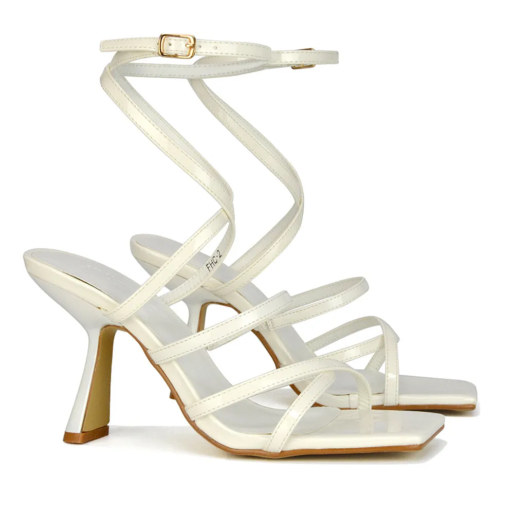 Donna Strappy Ankle Square Toe Party Thin Block High Heel Sandals in White Patent