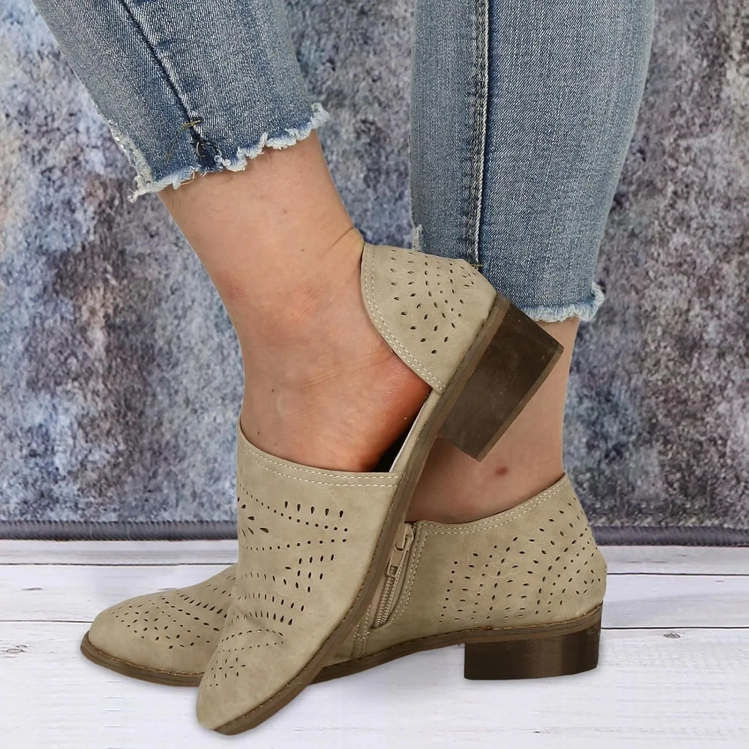 Fall Boots Womens Suede Ankle Boots Low Chunky Stacked Heel Comfy Almond Toe Casual Side V-Cut Slip On Short Boots