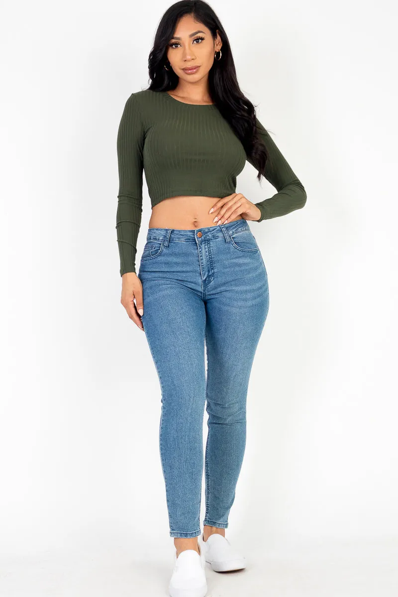Long Sleeve Round Neck Basic Crop Top
