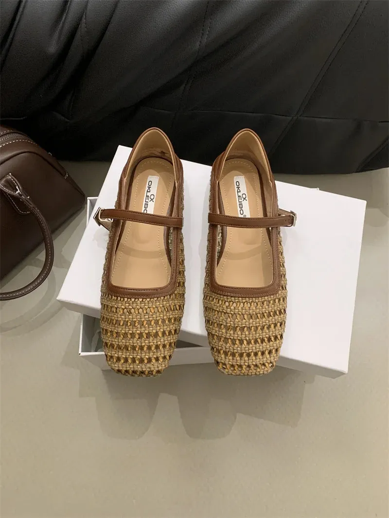 MQTIME  -  Weaving Hollow Out Sandals 2024 Spring Summer New Retro Mary Jane Shoes Square Head Moccasins Flat Shoes French Sandals Women