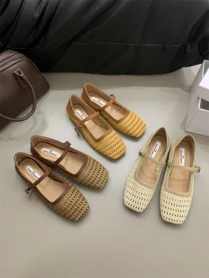 MQTIME  -  Weaving Hollow Out Sandals 2024 Spring Summer New Retro Mary Jane Shoes Square Head Moccasins Flat Shoes French Sandals Women