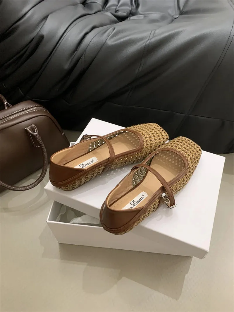 MQTIME  -  Weaving Hollow Out Sandals 2024 Spring Summer New Retro Mary Jane Shoes Square Head Moccasins Flat Shoes French Sandals Women