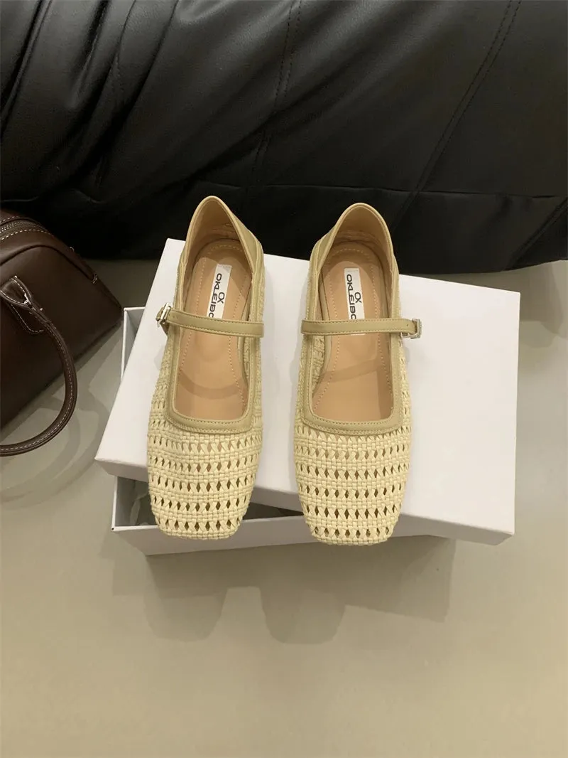 MQTIME  -  Weaving Hollow Out Sandals 2024 Spring Summer New Retro Mary Jane Shoes Square Head Moccasins Flat Shoes French Sandals Women