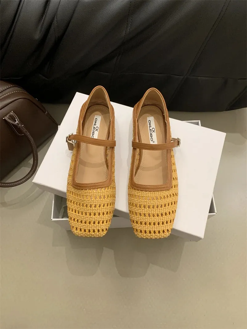 MQTIME  -  Weaving Hollow Out Sandals 2024 Spring Summer New Retro Mary Jane Shoes Square Head Moccasins Flat Shoes French Sandals Women
