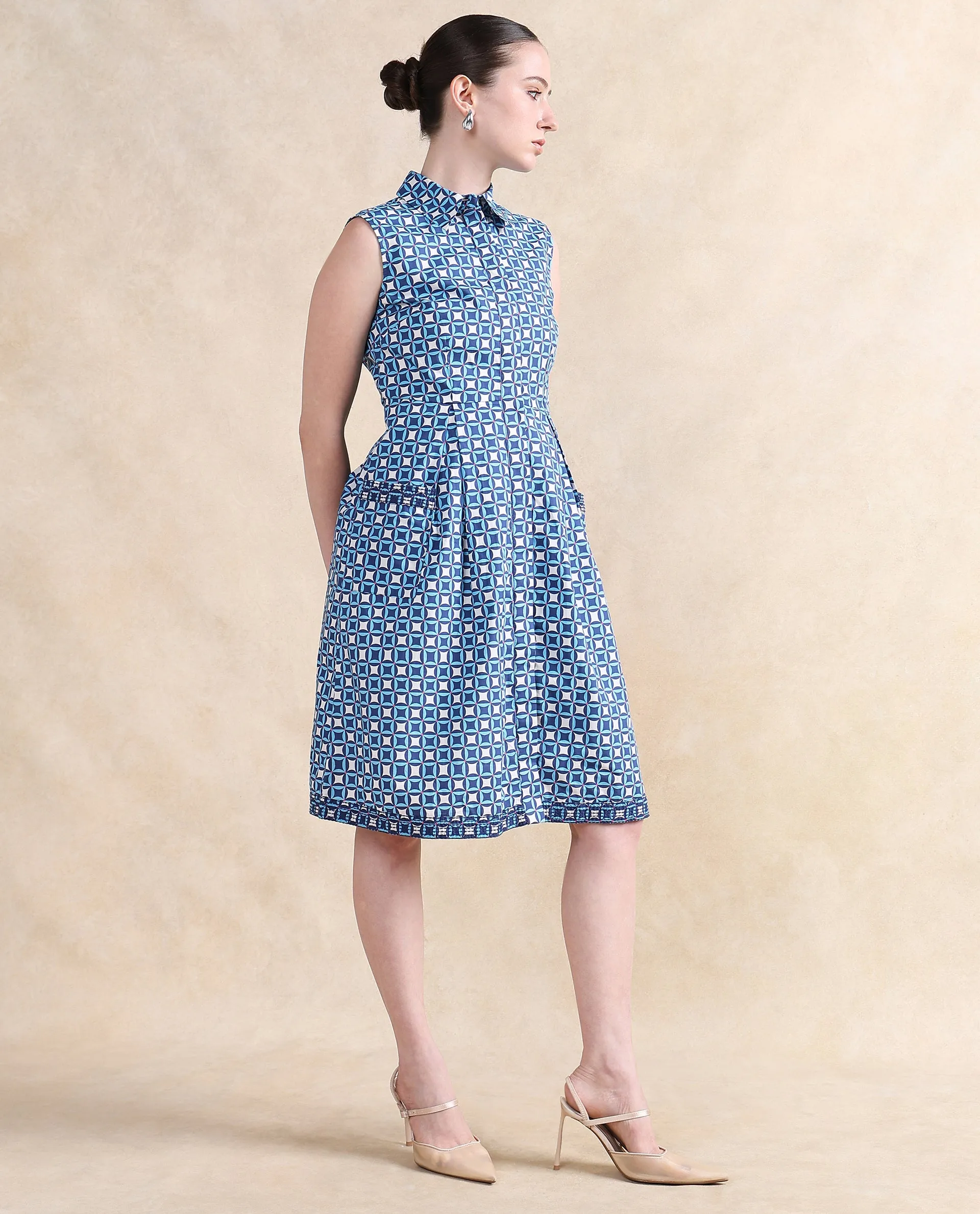 Rareism Women Qban Multi Cotton Fabric Sleeveless Collared Neck Button Closure A-Line Midi Geometric Print Dress