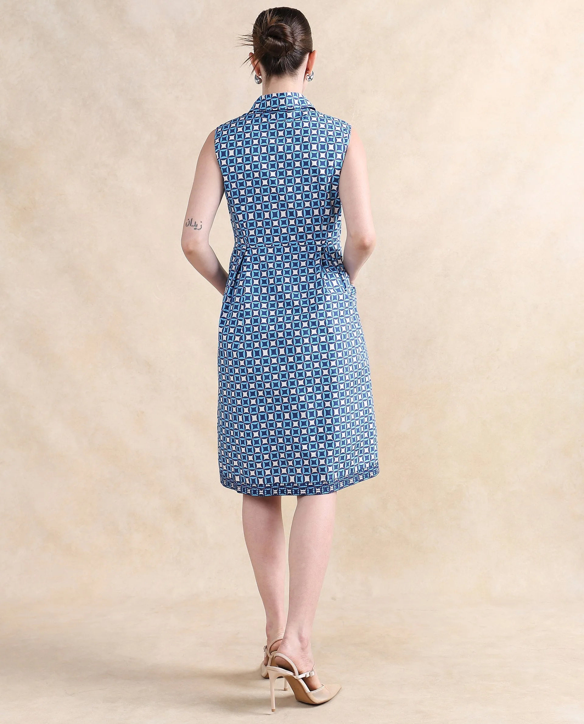 Rareism Women Qban Multi Cotton Fabric Sleeveless Collared Neck Button Closure A-Line Midi Geometric Print Dress