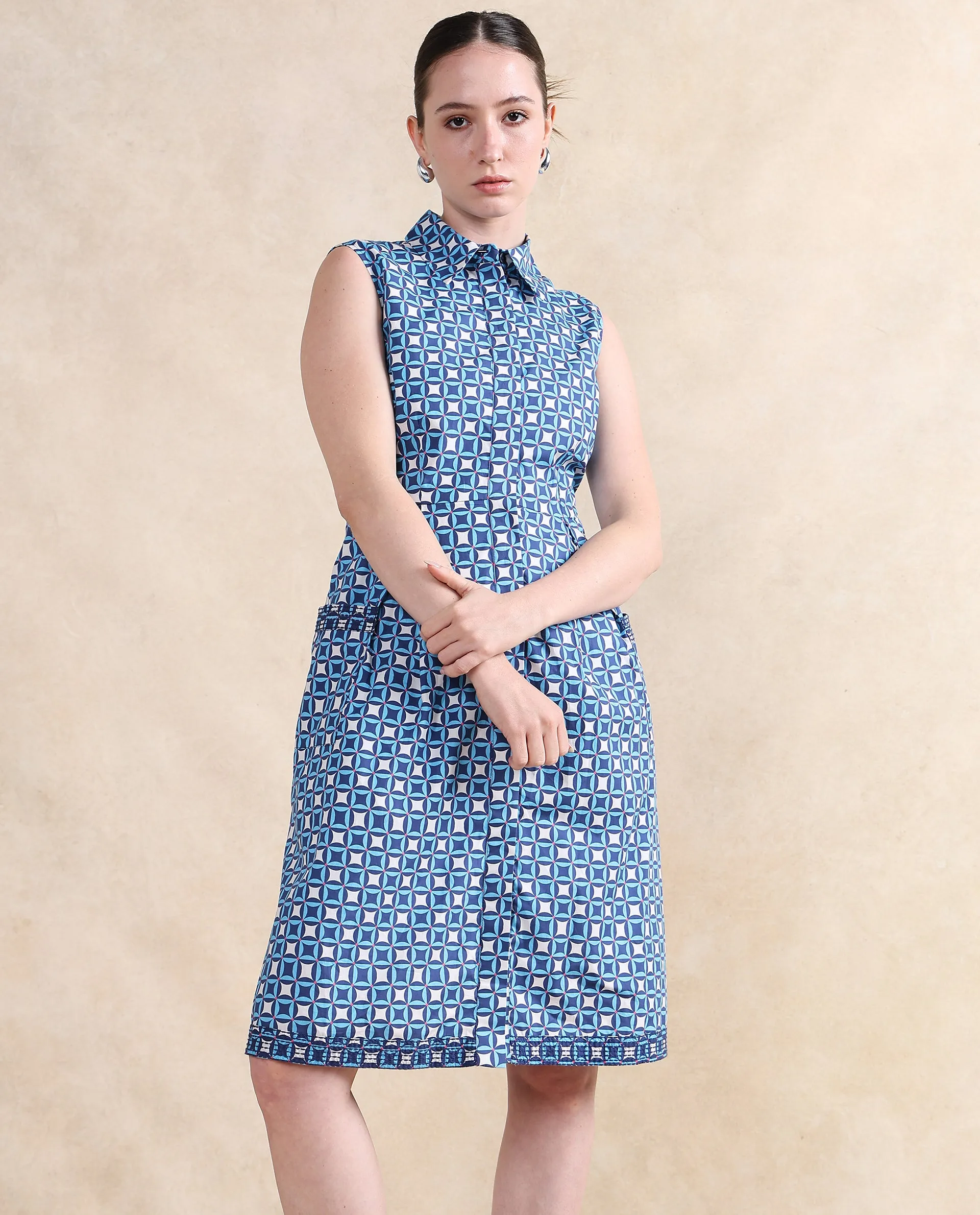 Rareism Women Qban Multi Cotton Fabric Sleeveless Collared Neck Button Closure A-Line Midi Geometric Print Dress