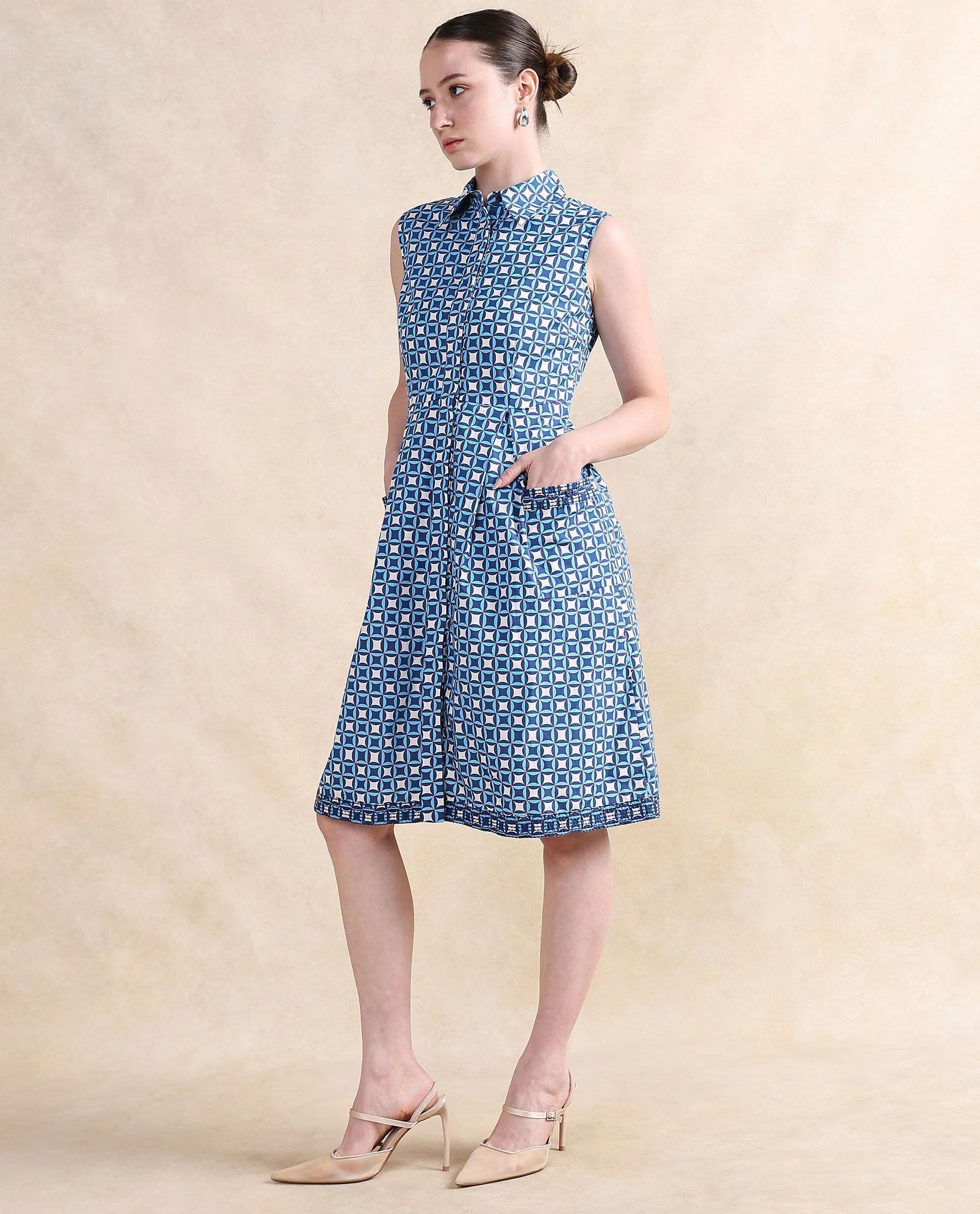 Rareism Women Qban Multi Cotton Fabric Sleeveless Collared Neck Button Closure A-Line Midi Geometric Print Dress