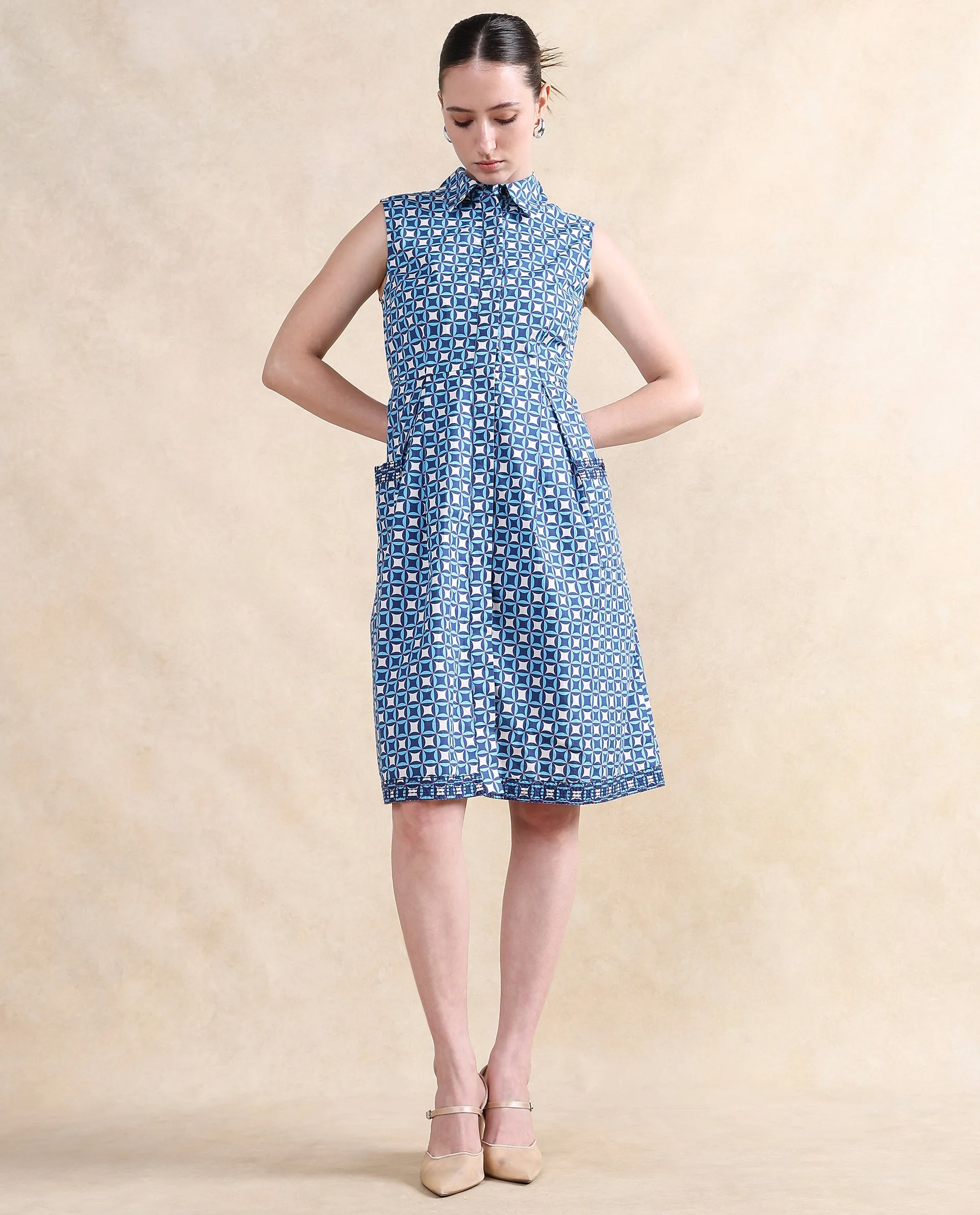 Rareism Women Qban Multi Cotton Fabric Sleeveless Collared Neck Button Closure A-Line Midi Geometric Print Dress