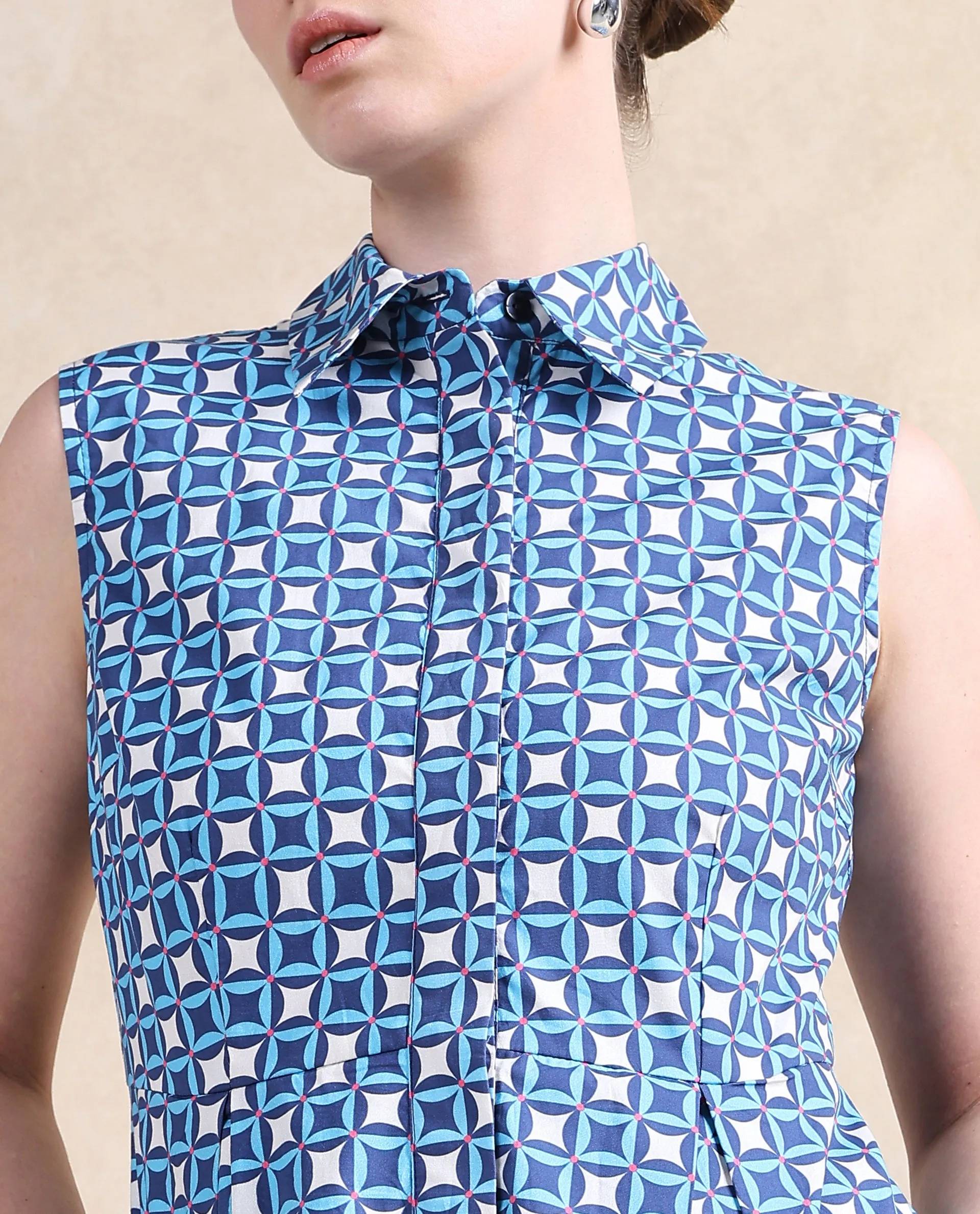 Rareism Women Qban Multi Cotton Fabric Sleeveless Collared Neck Button Closure A-Line Midi Geometric Print Dress