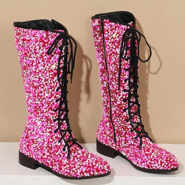 Sequins glitter lace-up boots under the knee
