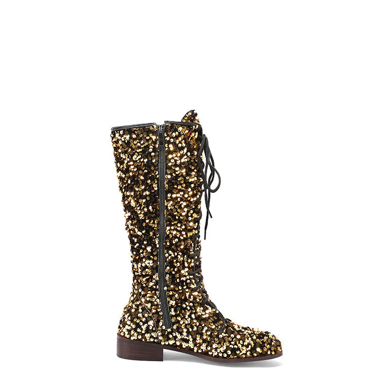 Sequins glitter lace-up boots under the knee