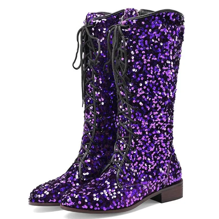 Sequins glitter lace-up boots under the knee