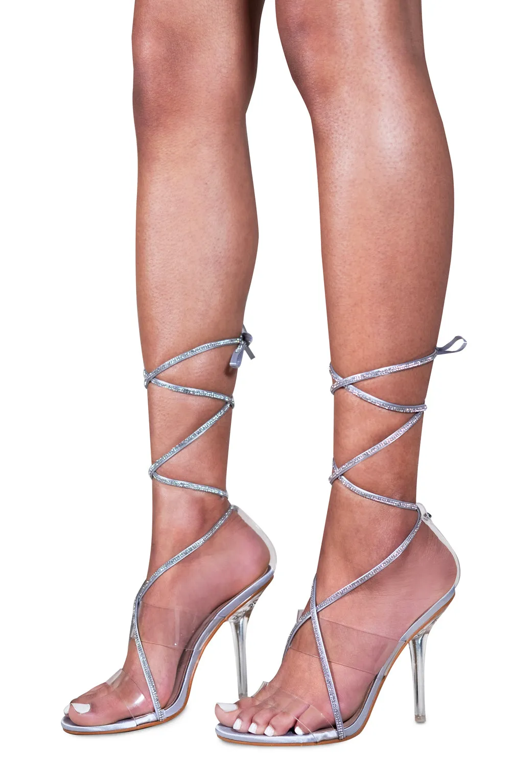 SILVER SATIN DIAMANTE CROSSOVER STRAP WITH LACE UP DETAIL HIGH HEEL