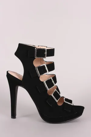 Strappy Nubuck Square Buckle Open Toe Platform Stiletto Heel
