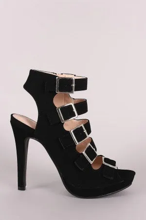 Strappy Nubuck Square Buckle Open Toe Platform Stiletto Heel