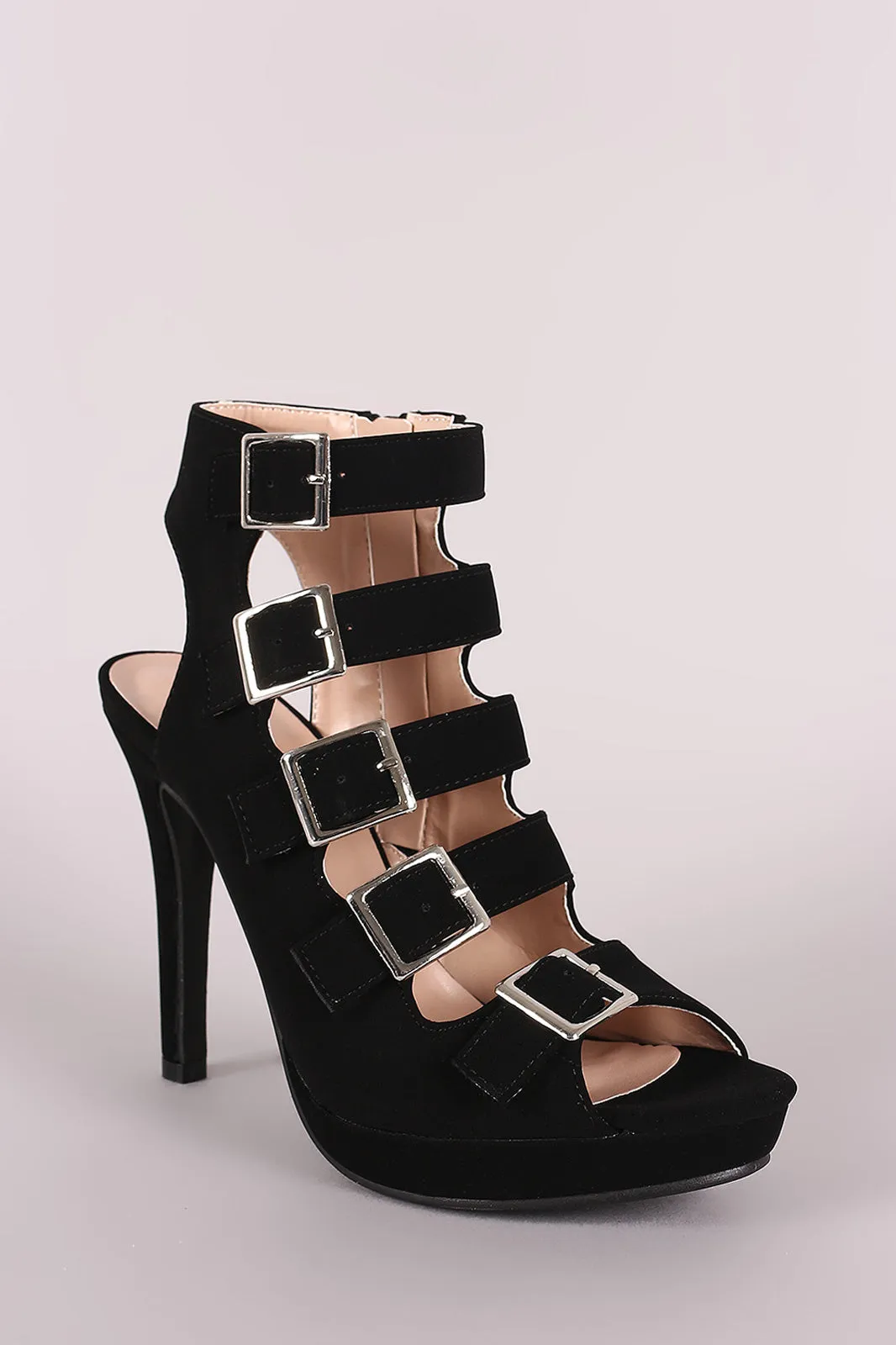Strappy Nubuck Square Buckle Open Toe Platform Stiletto Heel