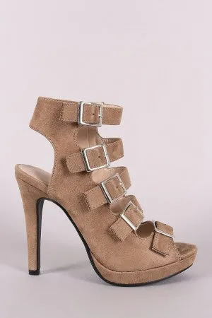 Strappy Vegan Suede Square Buckle Open Toe Platform Stiletto Heel