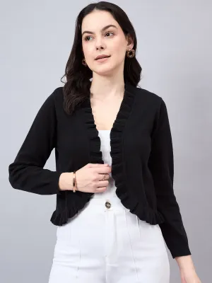 Style Quotient Women Solid  Black Flat Knit Smart Casual Ruffled Shrug