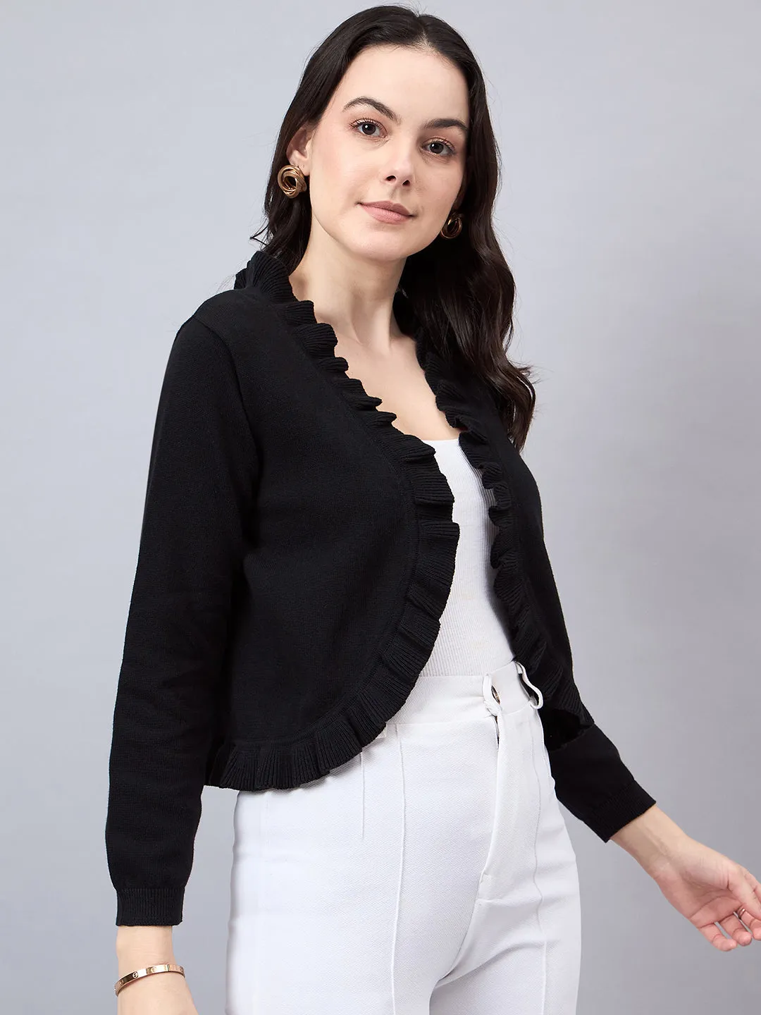 Style Quotient Women Solid  Black Flat Knit Smart Casual Ruffled Shrug