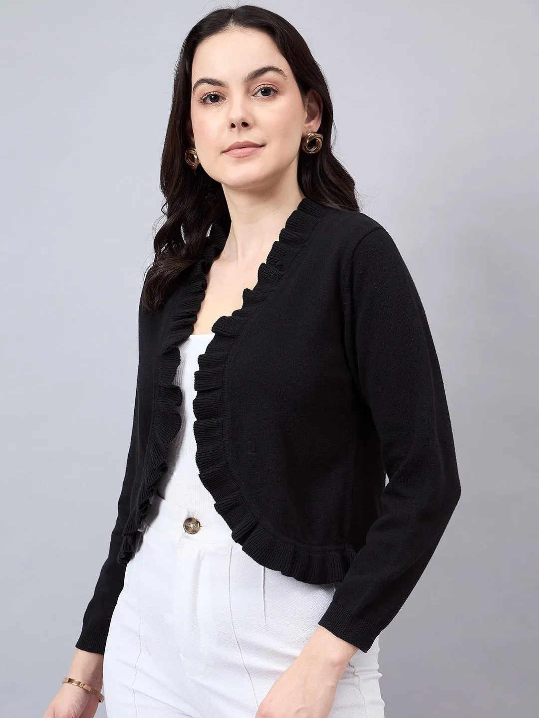 Style Quotient Women Solid  Black Flat Knit Smart Casual Ruffled Shrug